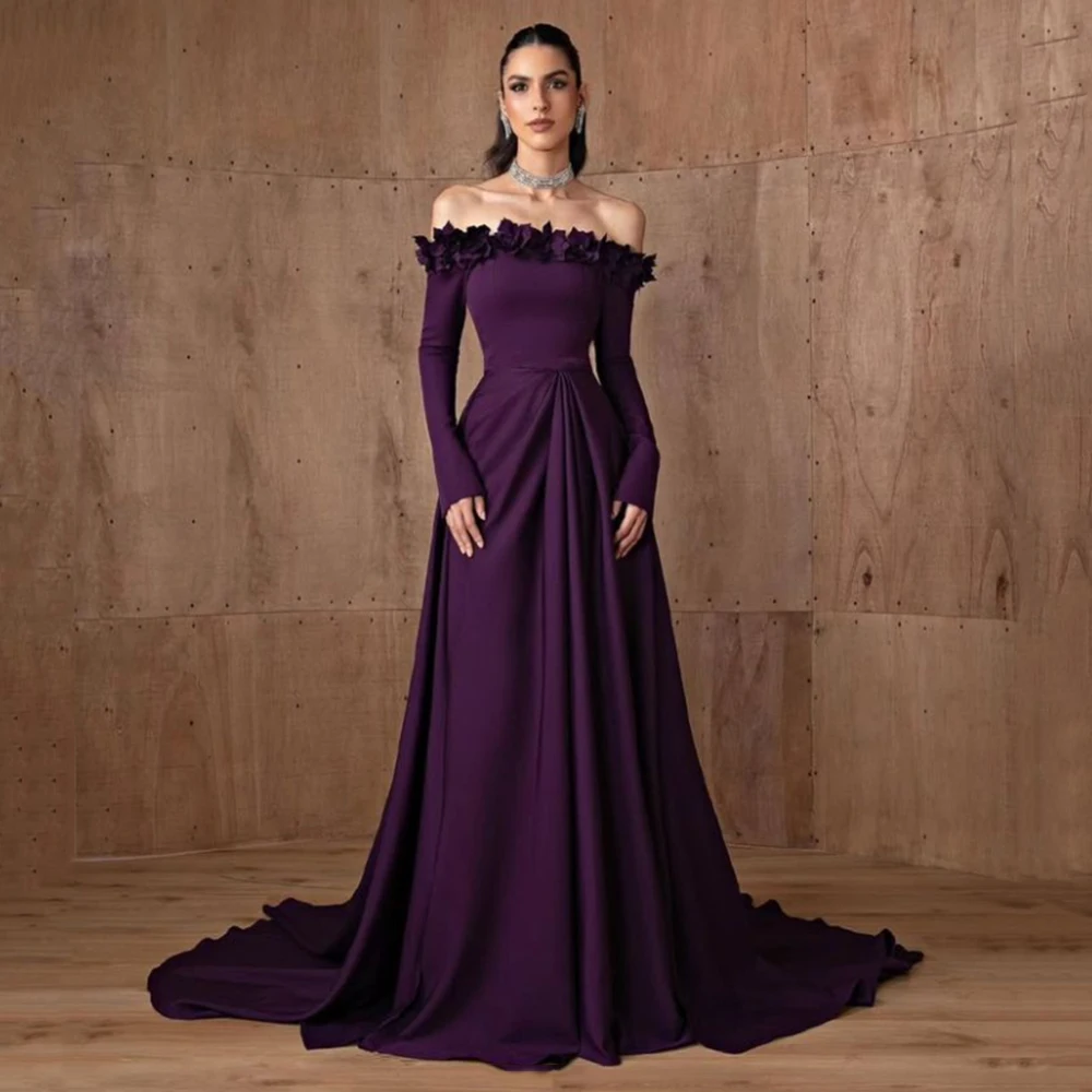 

Customized Strapless Purple Flower Pleat Jersey A-line Evening Dresses Sweep Train Full Sleeves Backless Pageant Prom Gowns