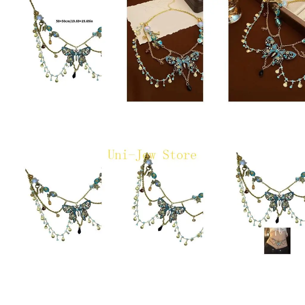 

40GB Shimmering Rhinestones Body Chain Butterfly Pendant Decoration Alloy Waist Accessory For Swimwear Club Outfits