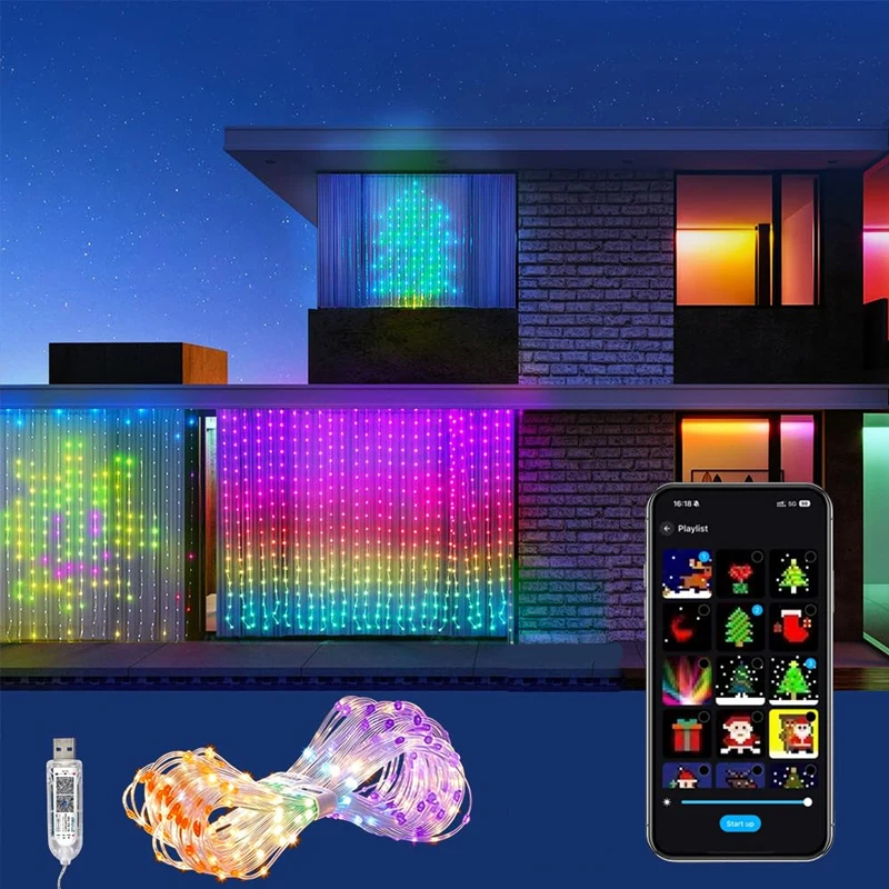 Bluetooth App Control Smart Curtain Lights RGB LED String Waterproof Fairy Light USB DIY Text Pattern Display Party Room Decor
