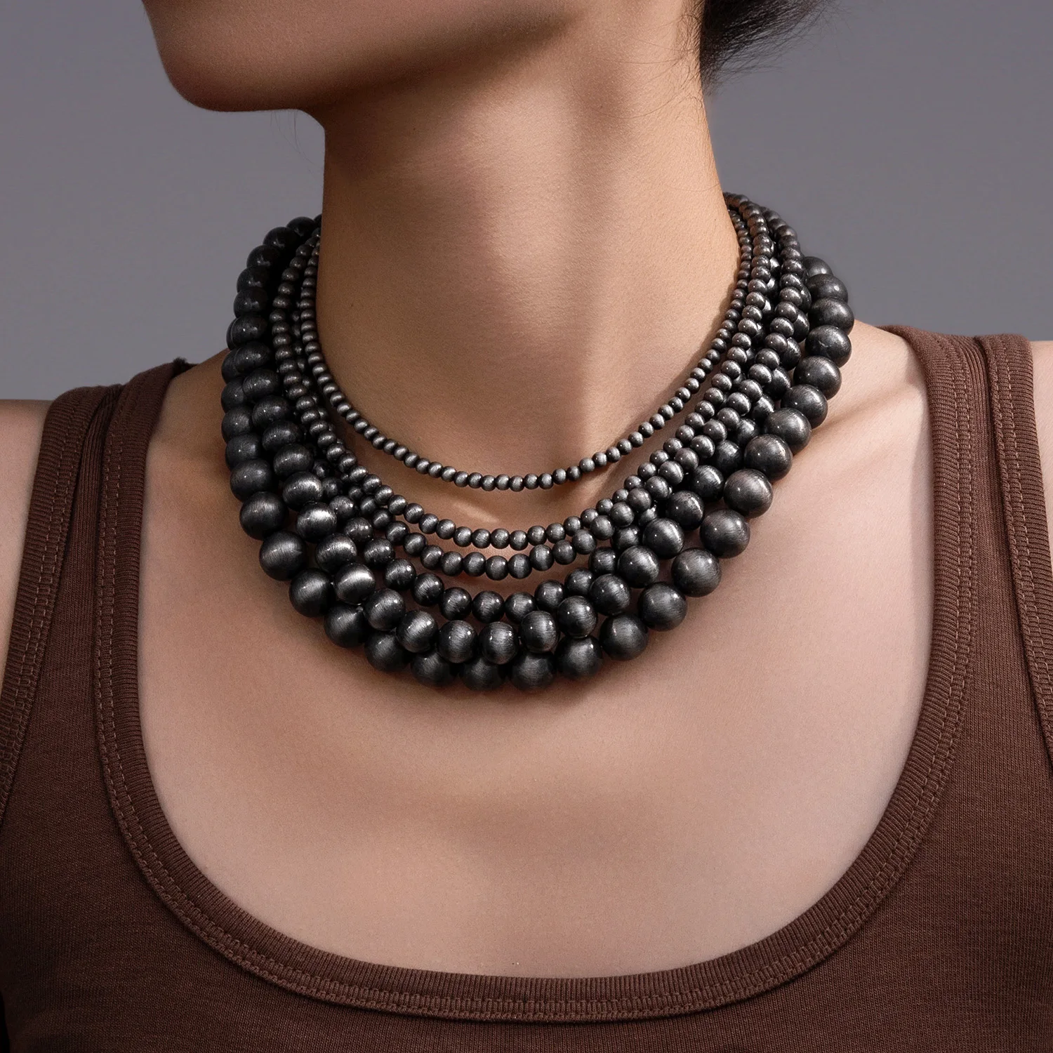 Fashionable retro gradient brushed CCB size bead neck for women Navojo necklace, versatile for daily use
