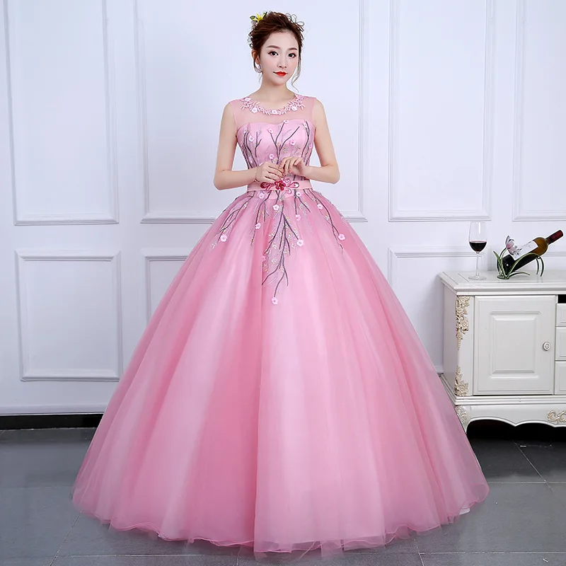 

Pink Scoop Neck Ball Gown Women Quinceanera Dresses Appliques Prom Birthday Party Gowns Formal Vestido De Fiesta robes de soirée