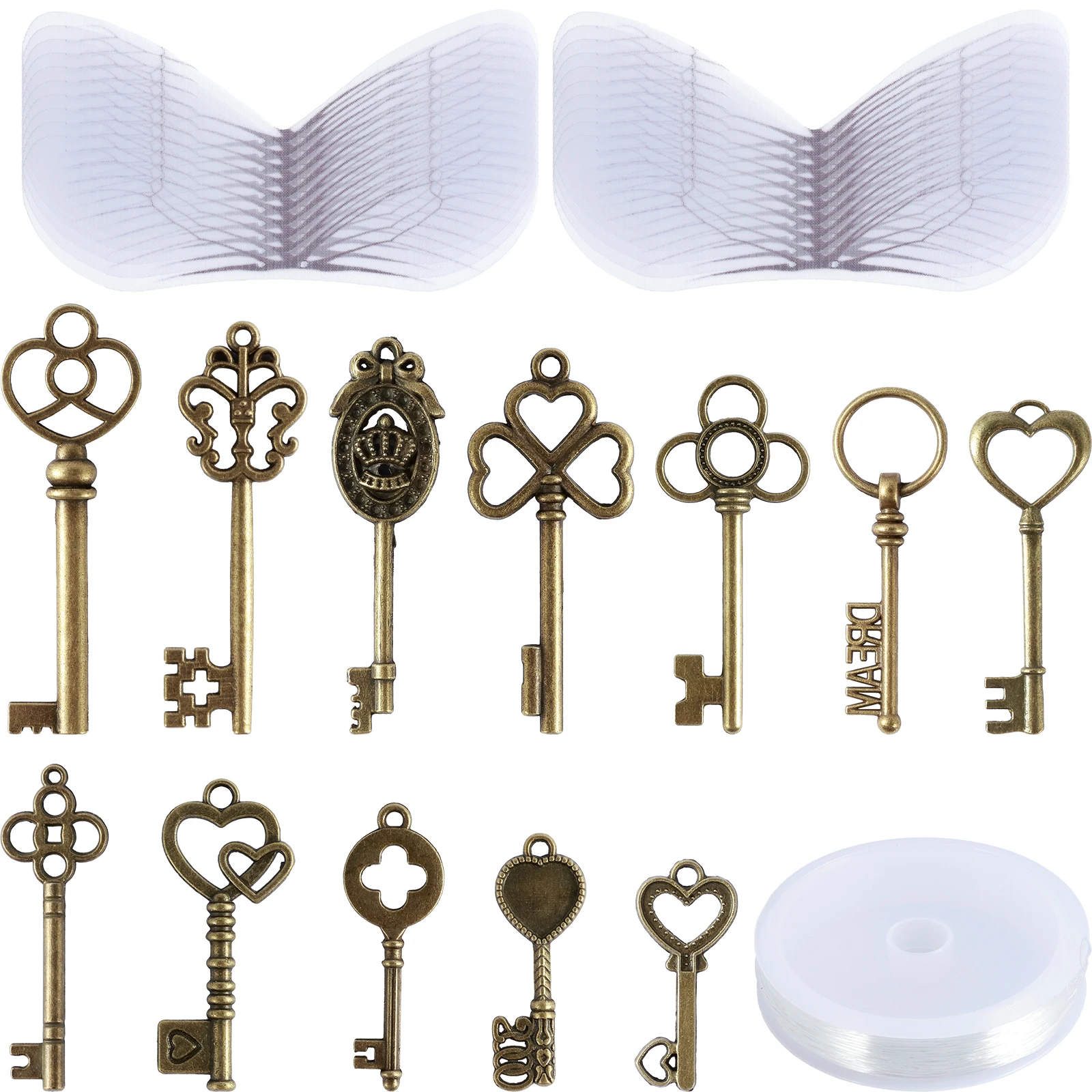 48 Pcs Vintage Skeleton Keys DIY Flying Keys Charms with 48 Pairs Dragonfly Wings and 30 Meters Crystal String Metal Antique