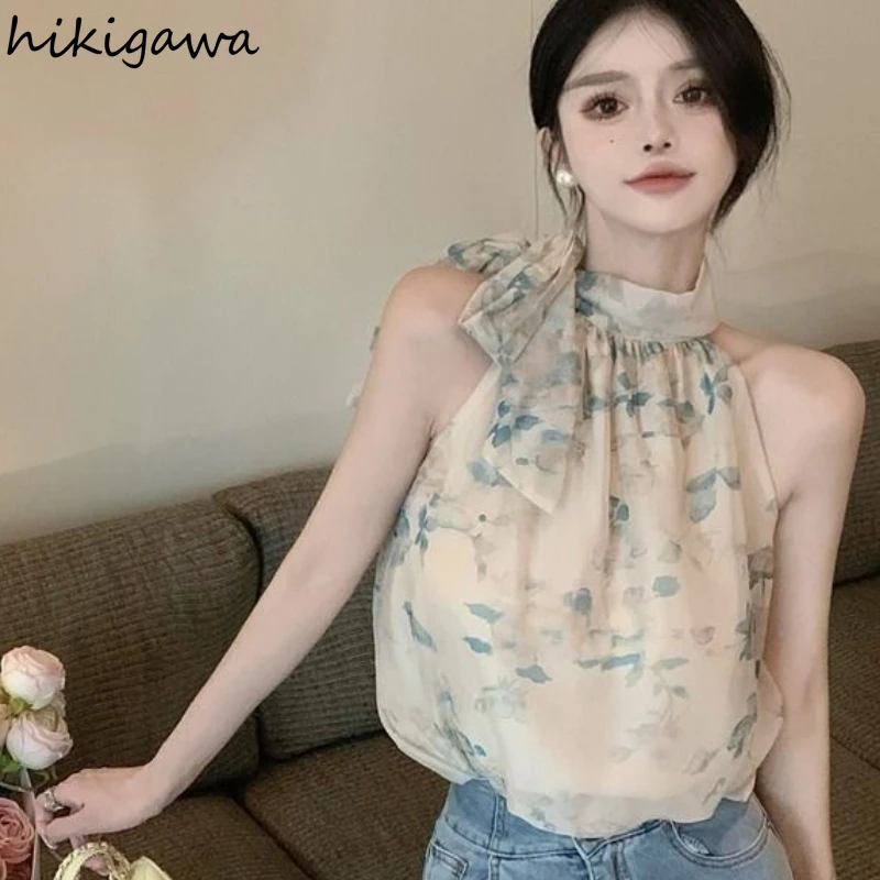 Sleeveless Floral Women Shirts 2024 Blusas Mujer De Moda Bandage Bow Vintage Blouses Loose Summer Chiffon Fashion Blouse Tops