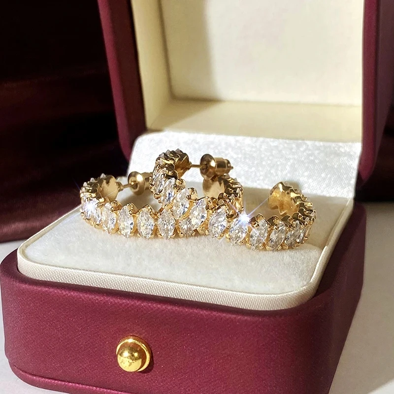 2024 Full Marquise Cubic Zirconia Hoop Earrings for Women Modern Fashion Gold Color Big Circle Girls Trendy Jewelry