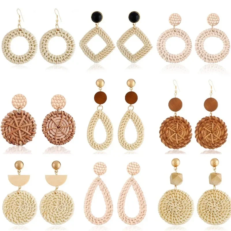 Bohemia White Brown Rattan Knit Raffia Drop Earrings for Women Handmade Geometric Round Summer Beach Earrings Jewelry