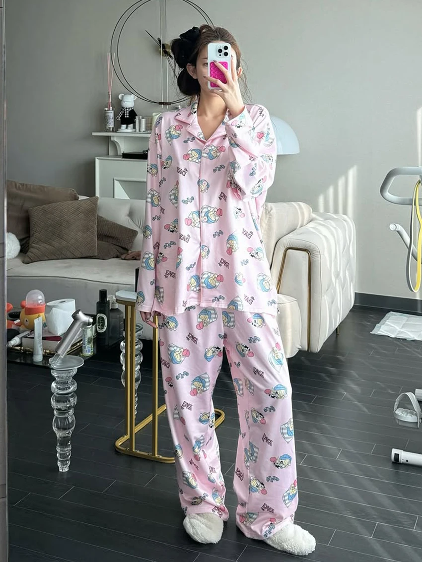 

Женский пижамный костюм с принтом Marthaqiqi, пижама с отложным воротником, ночная рубашка с длинными рукавами, брюки, повседневная женская ночная одежда, комплект из 2 предметов