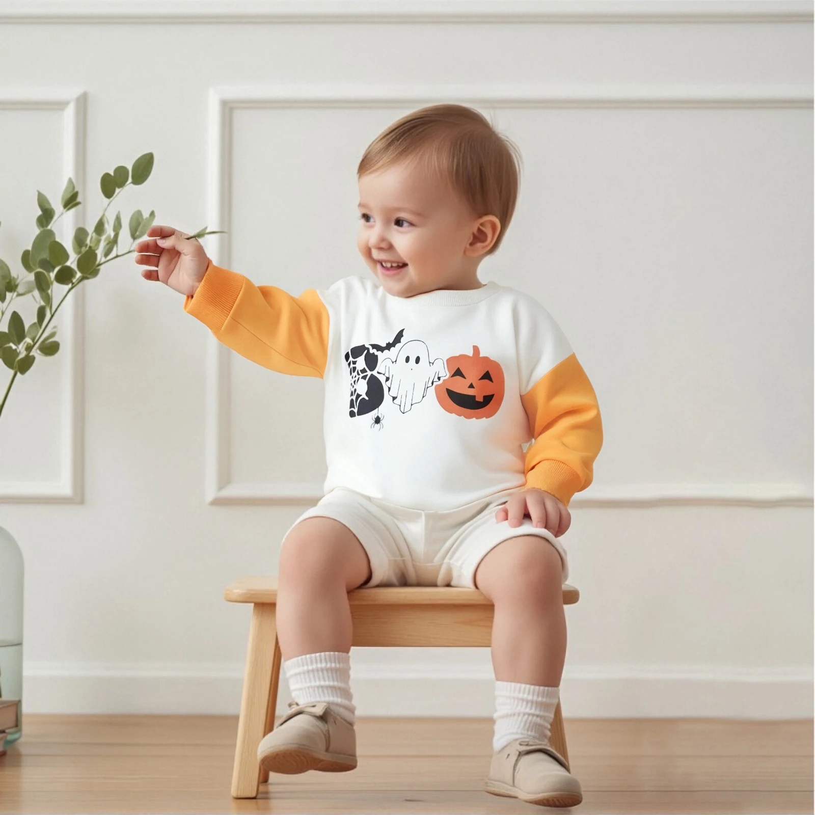 Kid Clothes Boys Halloween Sweatshirts Long Sleeve Round Neck Bat Spider Ghost Pumpkin Print Pullover Hoodies