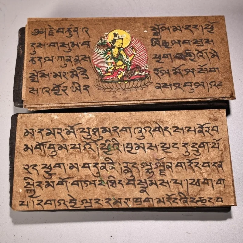 Antique Wooden Cased Buddhist Manuscript Hand Painted Green Tara Buddha Sutra Scroll Book Home Buddha Altar Decorations