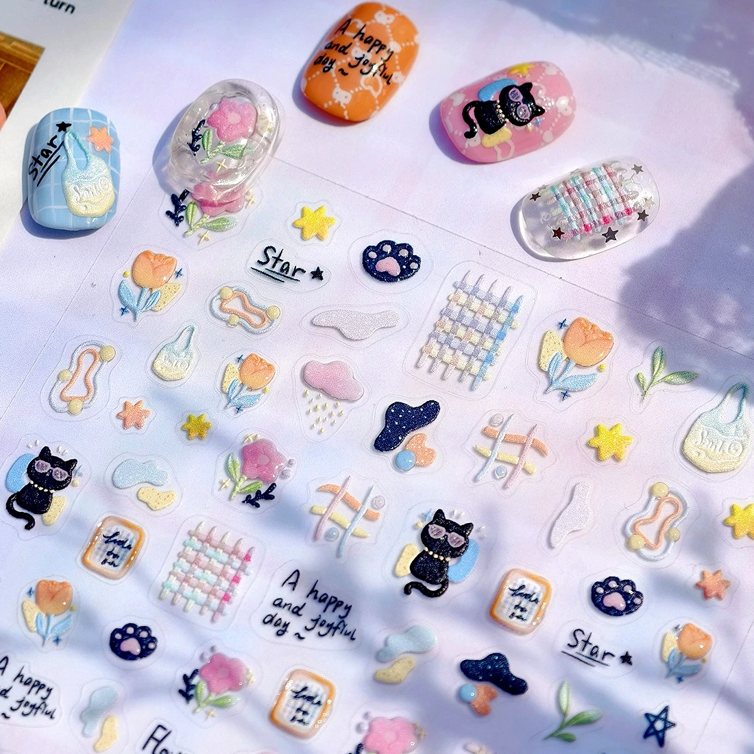 

Black Cat Claw Print Tulip Flowers Mushroom Cloud Grass Star Bowknot Dog Strawberry Apple Rabbit Clock Nail Art Stickers Decals