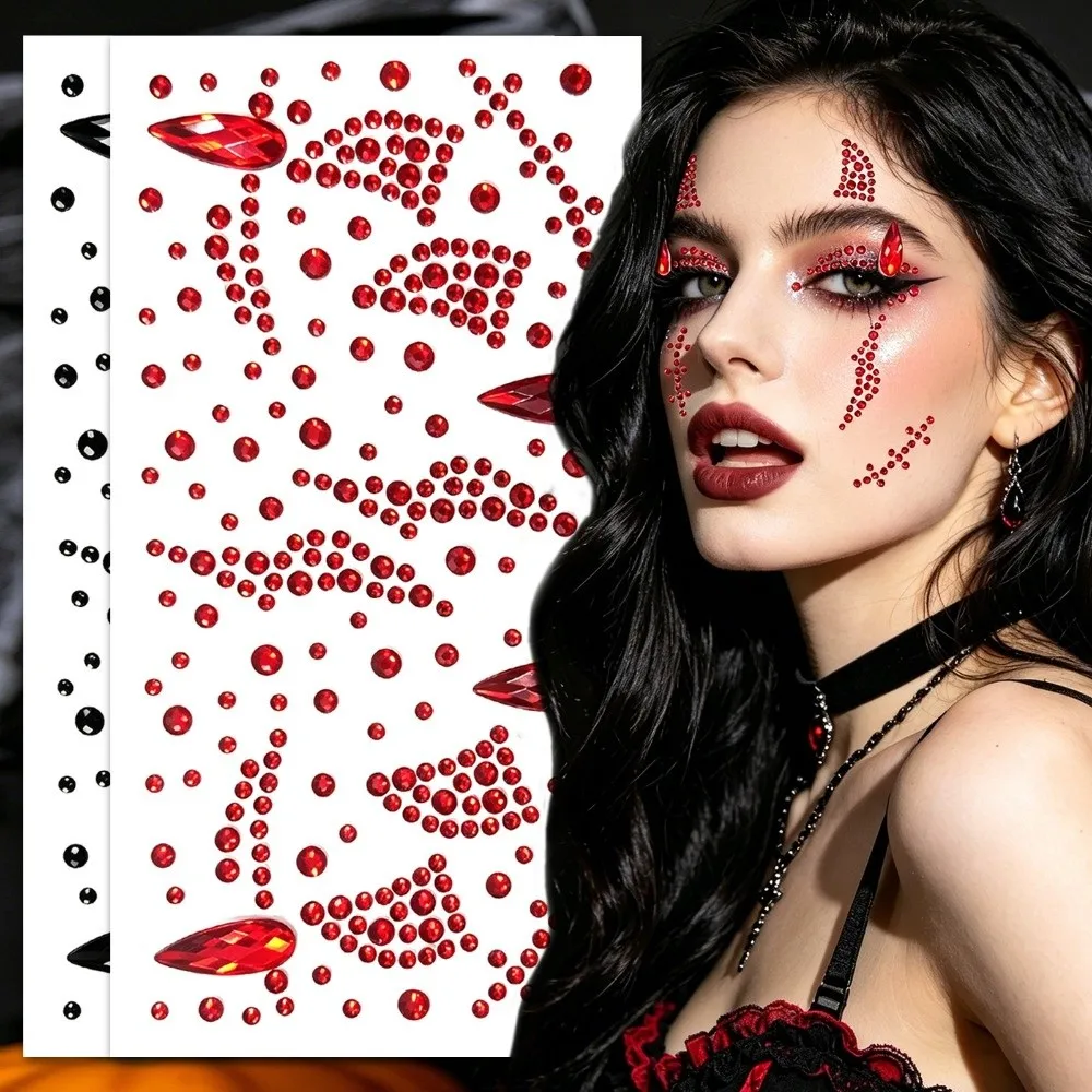 Pegatinas de Joyas Faciales 3D con Diseño de Diablo, Adhesivos de Maquillaje con Cristales de Imitación, Pegatinas de Tatuajes Impermeables, Gemas Faciales DIY para Fiestas de Halloween