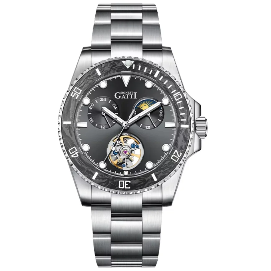 BONEST GATTI Men Automatic Watch 42mm Mechanical Wristwatch 100m Sapphire Mirror Luminous Skeleton Dial 24 Hours Sun-Moon