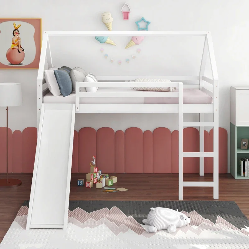 Cama loft de tamaño doble con tobogán, cama de casa con tobogán, blanco