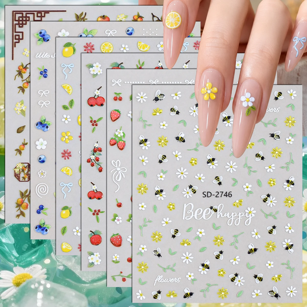 3/6/12 Sheets 5D Fruit Flower Bee Nail Stickers Blueberry Lemon Strawberry Cherry Self Adhesive Nail Art Decals