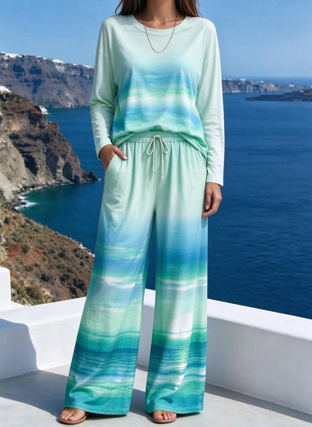 Women Imitation Cotton Pajama Set Sunset Ocean Gradient Print Round Neck Long Sleeve 2PCS Sleepwear Loungewear
