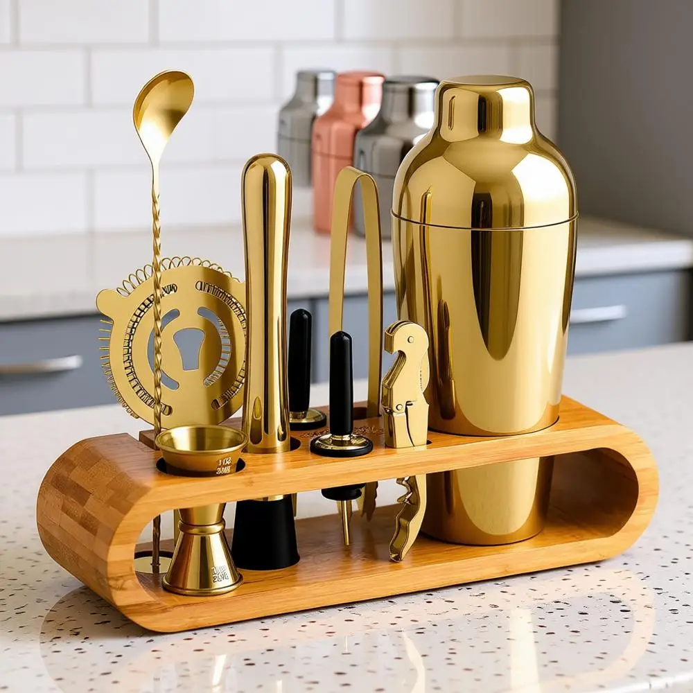 

Набор для приготовления коктейлей: 10-предметный барменский набор с подставкой | Полный набор для домашнего бара с аксессуарами | Отличный подарок на новоселье | Утечка