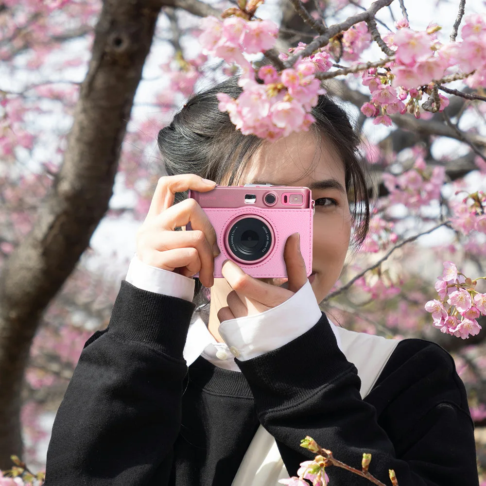 New Mini Evo Cherry Blossom Pink Camera Bag Digital Camera Fitted Storage Protective Case PU Leather Retro Camera Bag