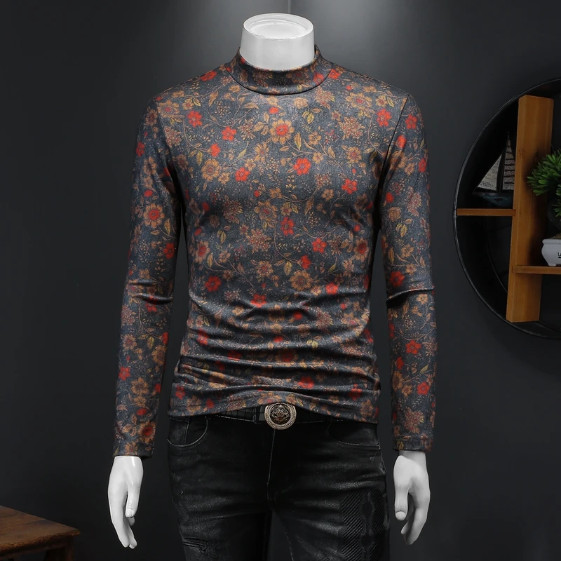 Fashion Floral Print T Shirt For Men Long Sleeved Slim Fit Casual Autumn Quality Velvet Soft Comfortable Wash And Wear Camisetas