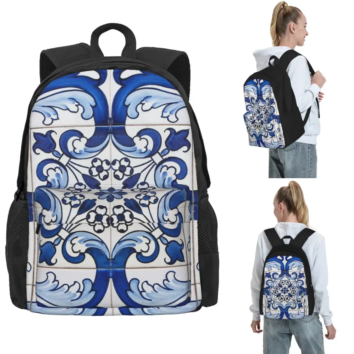 Antique Classic Lisbon Blue Azulejo Tile Floral Pattern Backpack Hot Sale Daypack Large Capacity Kids BookBag for Men Women