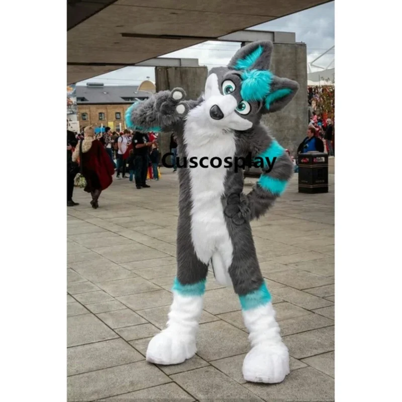 Long Fur Blue Grey Wolf Husky Dog Mascot Costume Adult Cartoon Character Advertisement Public halloween outdoor decorations PA94