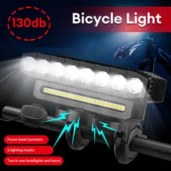 LED Bike Headlight LED Light Bar with 130DB Bell Bicycle Front Light Power Bank 6 Light Modes USB Charging Bicycle Accessories