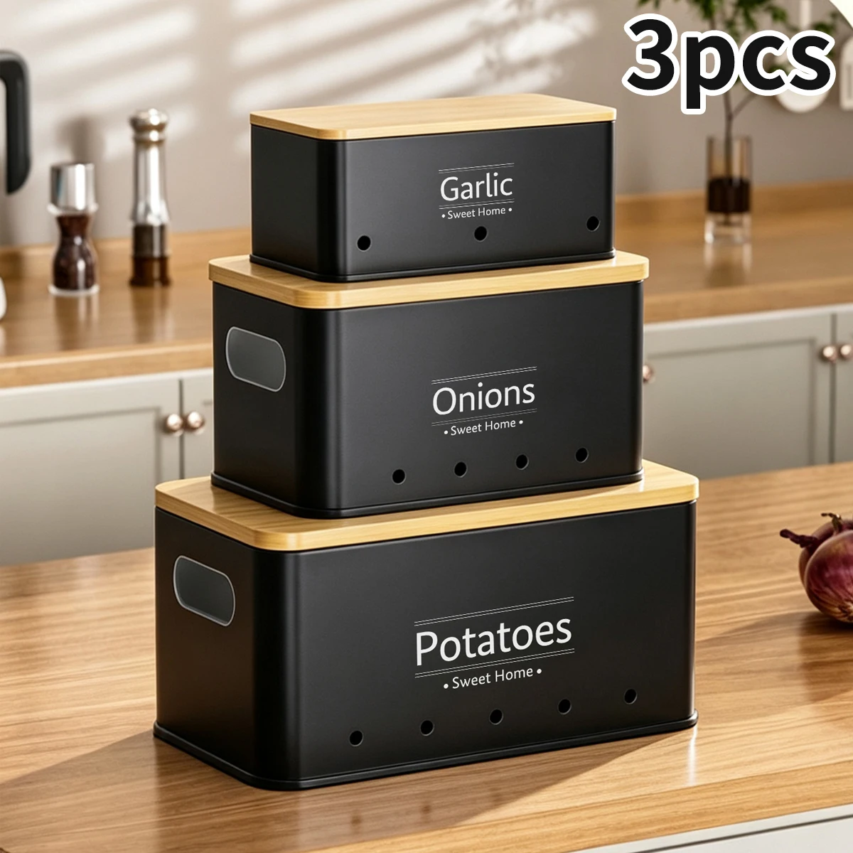 3Pcs Matte Black Metal Storage Canisters Set, Square Potato Onion Garlic Bin with Bamboo Lid, Kitchen Storage Container