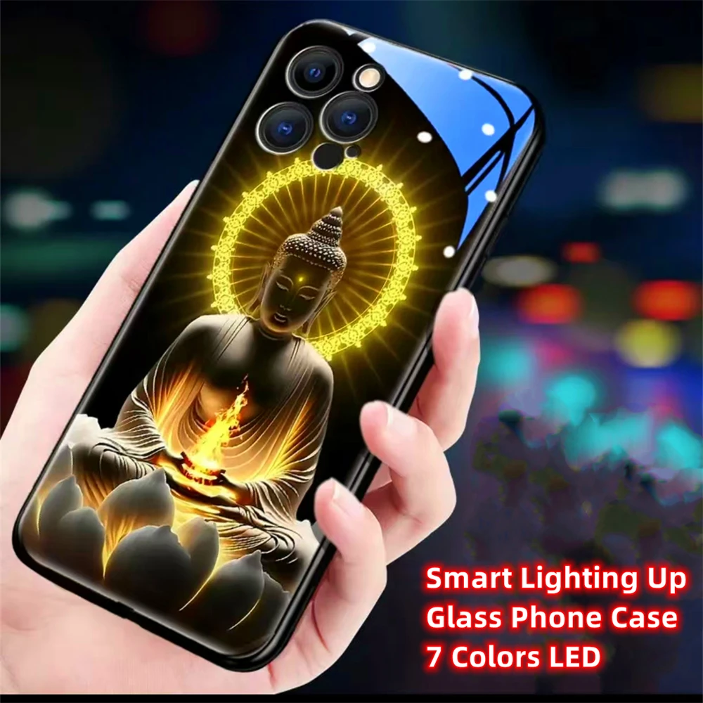 Great Buddha Blessed Luminous Tempered Glass Phone Case LED Cover For iPhone 15 14 13 12 11 Pro Max XR XS Plus 6 7 8 SE2020