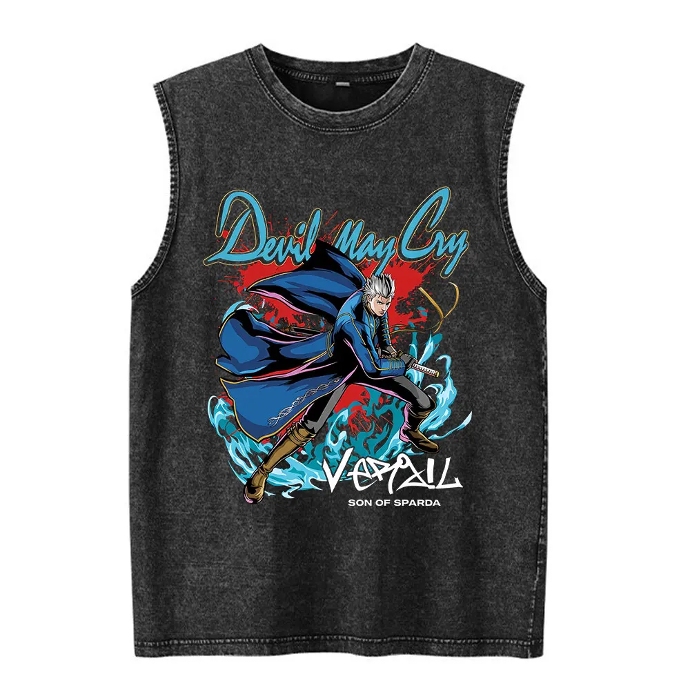 Devil May Cry Son of Sparda Vergil Vintage Acid Washed Tank Tops T Shirts Men Clothing Casual Oversized Sleeveless Vest T-shirts