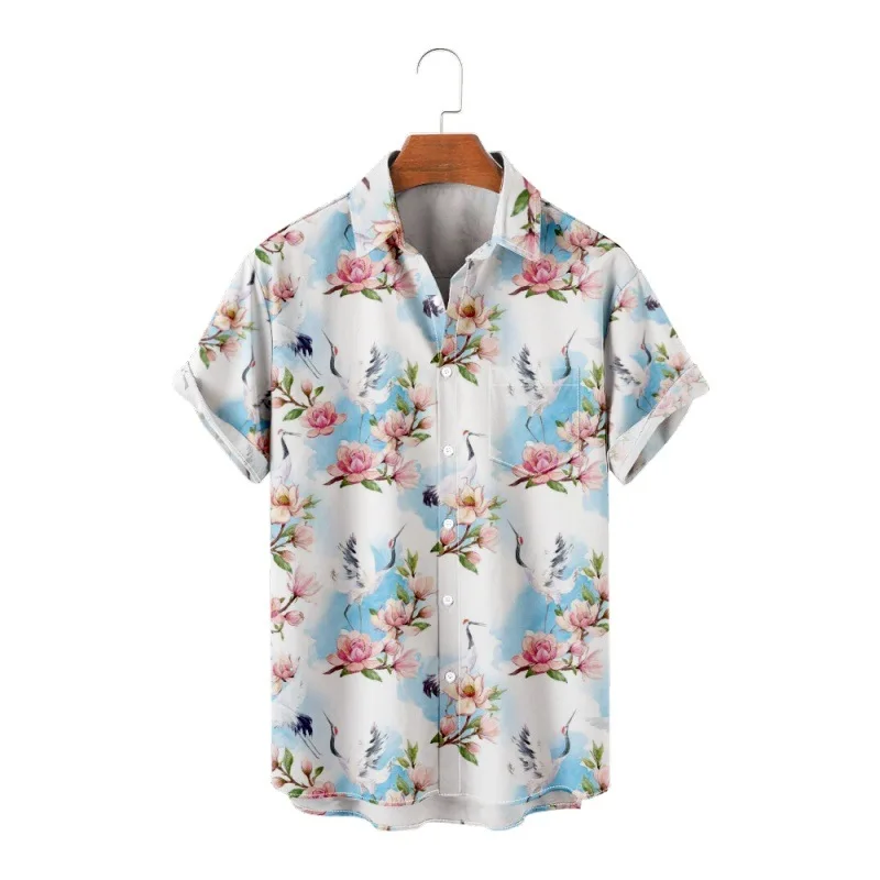 Summer Streetwear Beach Clothes Crane Flowers Print Shirts 2023 Fashion Casual Men Oversized Top Plus Size Hawaiian Shirt