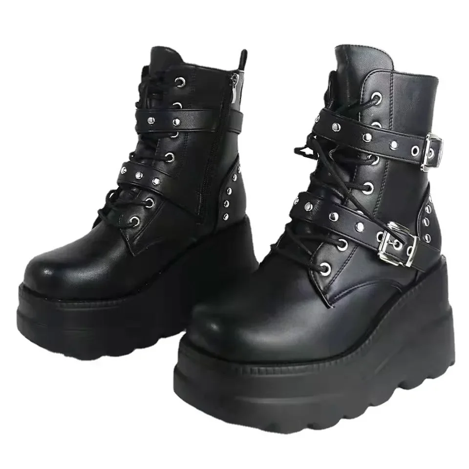 Neue frauen Pu Leder Stiefeletten Frauen Herbst Winter Runde Kappe Lace Up Schuhe Frau Motorrad Plattform Botas Gothic Schuhe – Detail 12