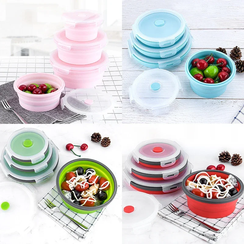 4pc Round Silicone Folding Lunch Box Set Microwave Folding Bowl Portable Folding Food Container Box Salad Snack Bowl with Lid