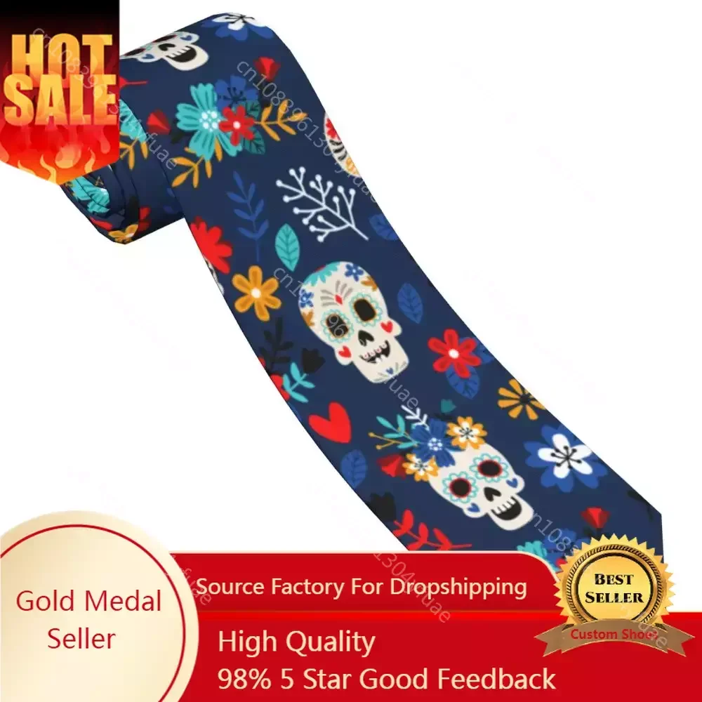 Day Of The Dead Sugar Skulls Unisex Neckties Polyester 8 cm Narrow Mexican Festival Neck Tie for Men Suits Accessories