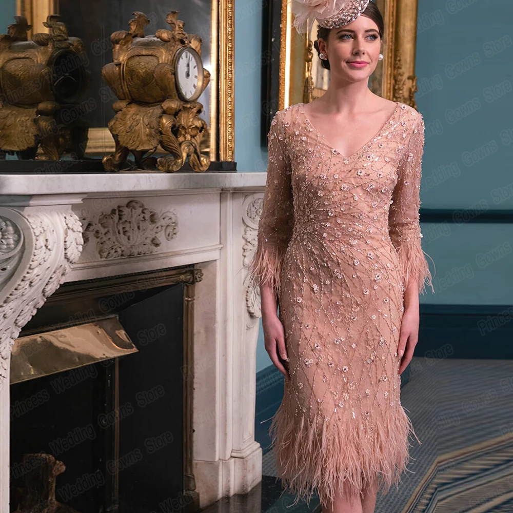 Robe de soirée de luxe en dentelle pour femme, plume formelle avec perle, manches 3/4 élégantes, longueur de thé, col en V, robes de mère personnalisées, 2022