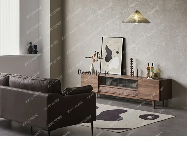 wSolid Wood TV Cabinet  Black Walnut Living Room Furniture Coffee Table Combination  Small Apartment