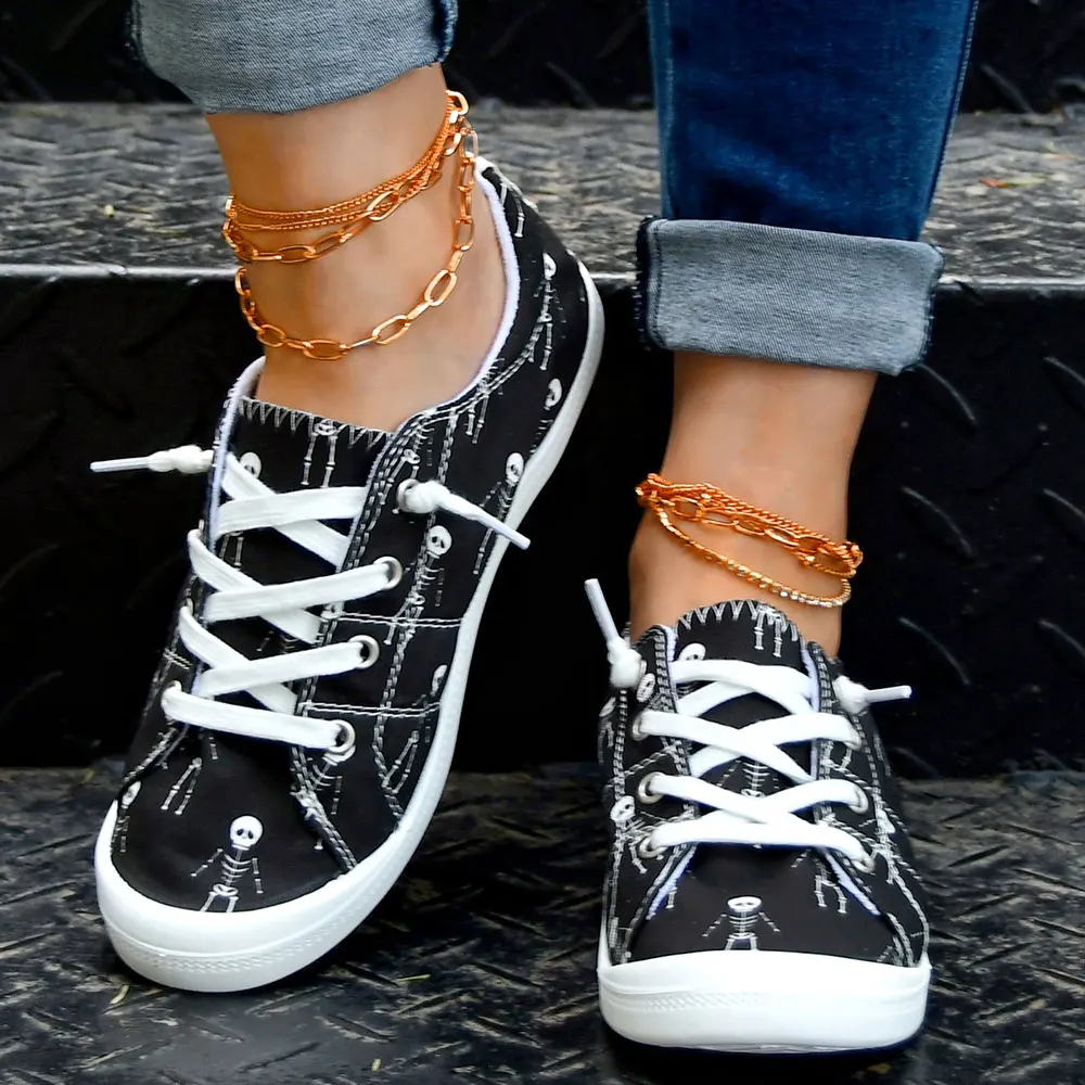Women Halloween Mini Skeleton Print Canvas Sneakers Ladies Lightweight Lace‑Up Flat Walking Shoes Holiday Party Casual Big Size