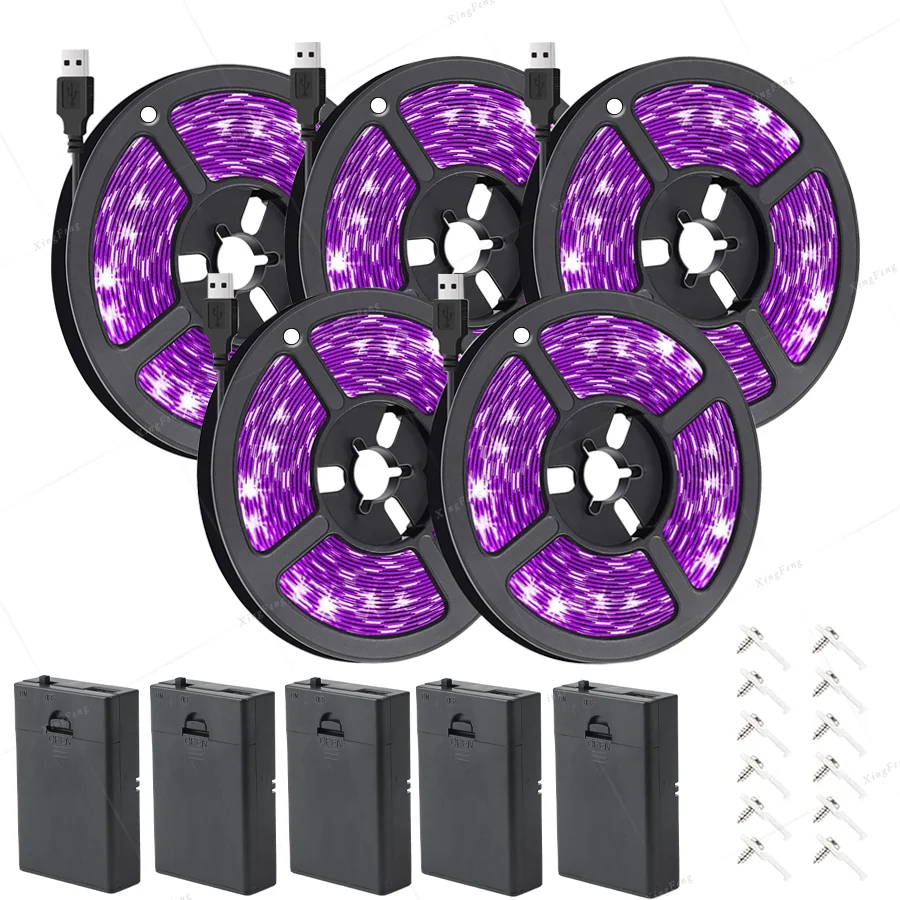 250cm USB 블랙 라이트 스트립 5피스 LED 블랙 라이트(배터리 박스 포함) 형광 파티 할로윈 크리스마스 생일 파티 세트