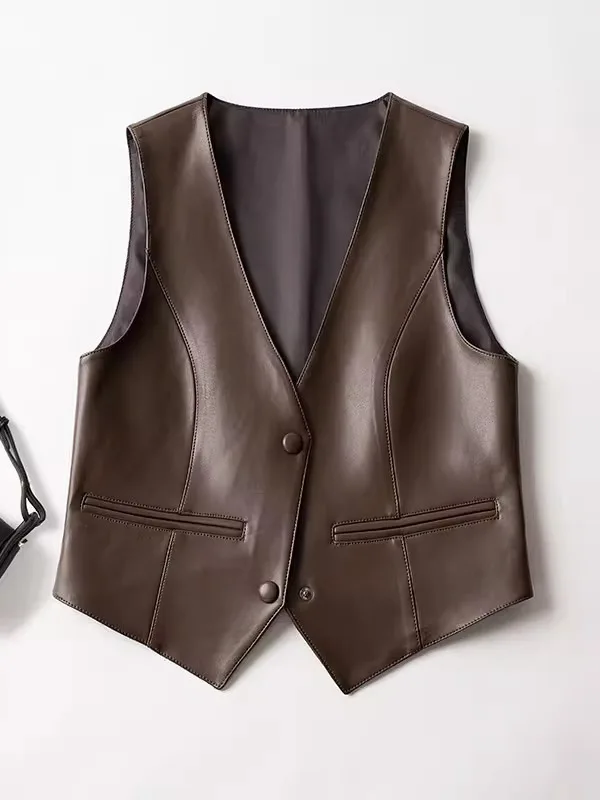 세련된 정품 가죽 조끼 여성 아우터웨어 천연 가죽 자켓 슬림 통근용 작은 여성용