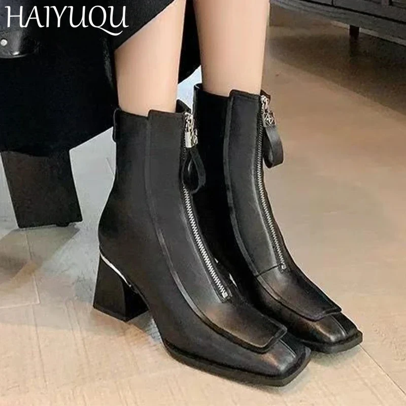 High Heels Women Leather Ankle Boots Square Toe Chunky Shoes Woamn 2025 Trend Desigenr Chelsea Boots Pumps Fad Goth Mujer Botas