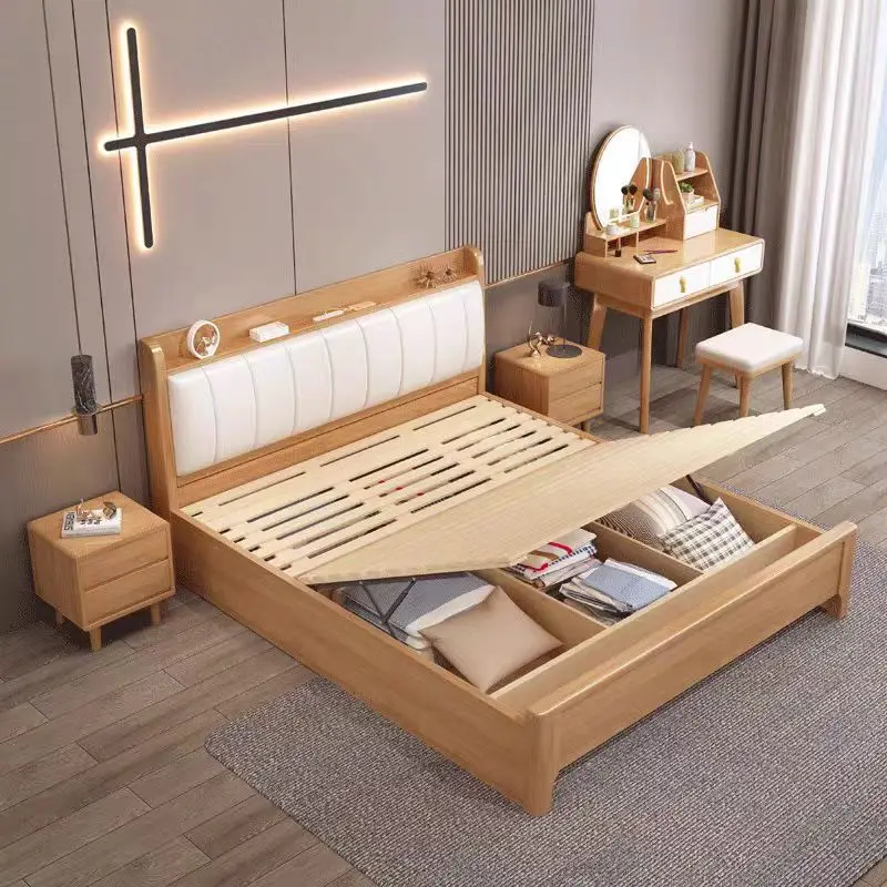 Nordic, solid wood bed, master bedroom, soft rest, double, modern, simple, storage