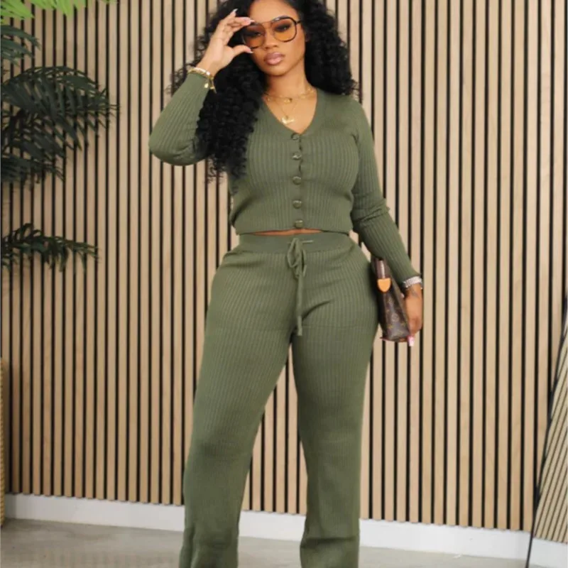 

Минималистичный вязаный повседневный комплект в рубчик, свитер на пуговицах с длинными рукавами и прямые широкие брюки, комплекты из двух предметов, женский спортивный костюм