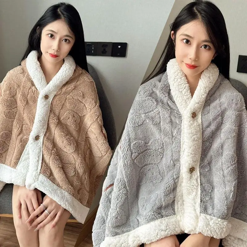 Wearable Shawl Blanket Flannel Comfy Poncho Throw Lap Blanket With Buttons Comfy Foldable Shawl Cozy Warm Thick Blanket For Bed