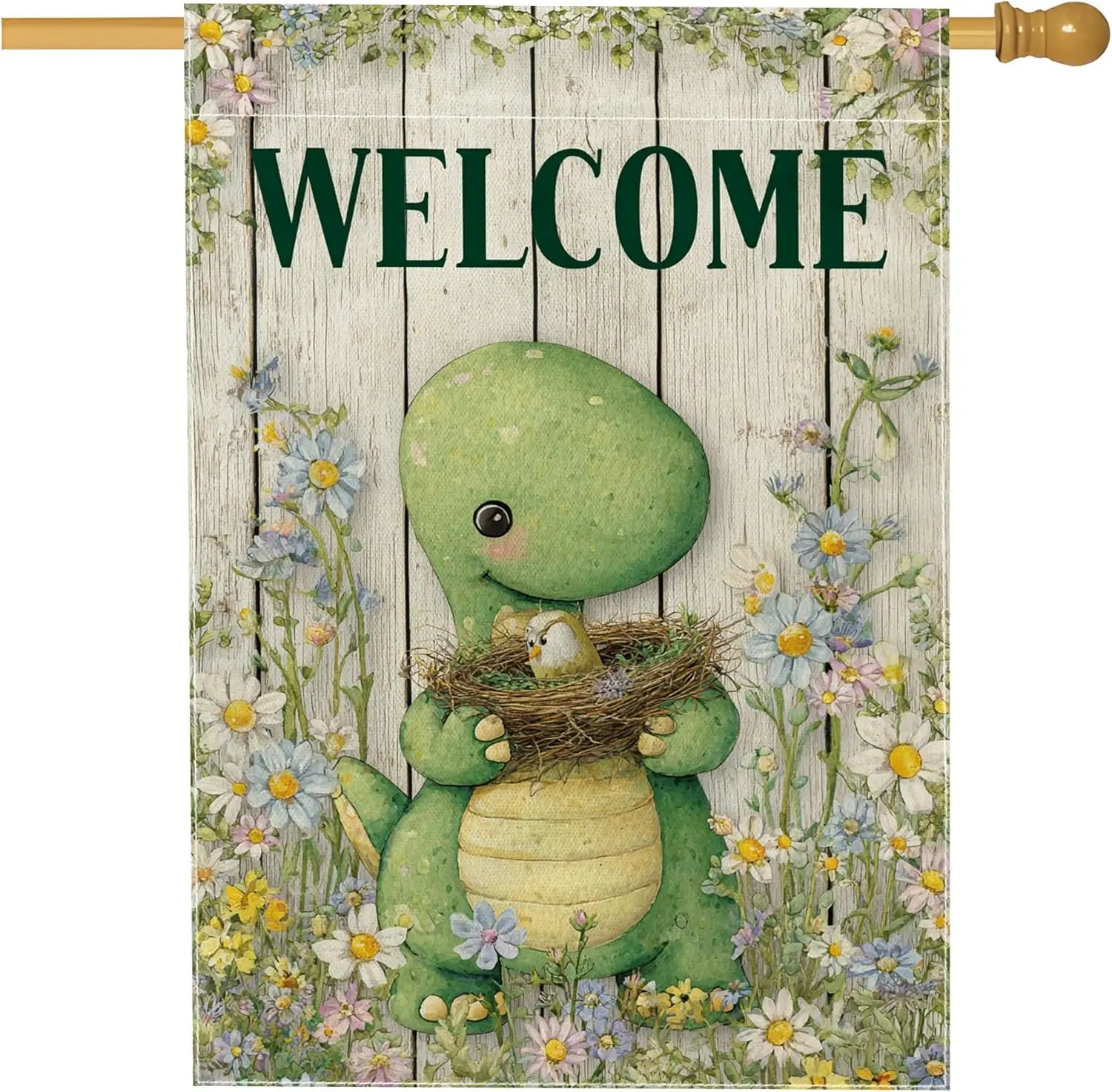 Welcome Dinosaur Garden Flag, Green Baby Dino Floral Home Decor Banner, Double Sided Burlap Outdoor Lawn Decoration for Spri yyi