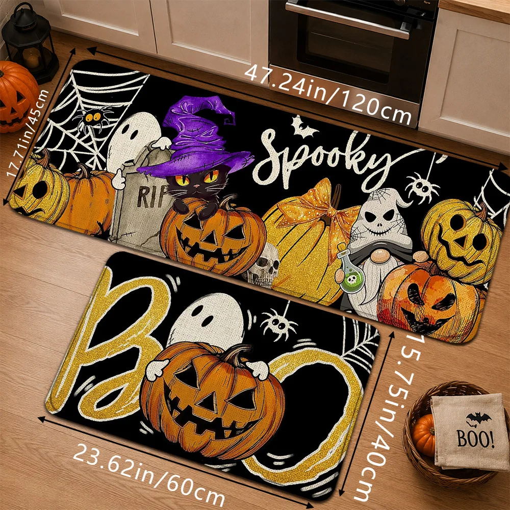 1pc-Friendly Suitable for -terrain Non-Slip Rug with Black Cat & Pumpkin - PVC Backing Machine Washable Suitable for Entryway,