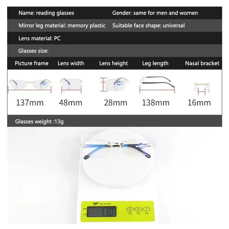 Diopter +1.0 +1.5 +2.0 +2.5 +3.5 +4.0 Frameless Anti-blue Light Reading Glasses Women Men Ladies Presbyopia Eyewear Frames