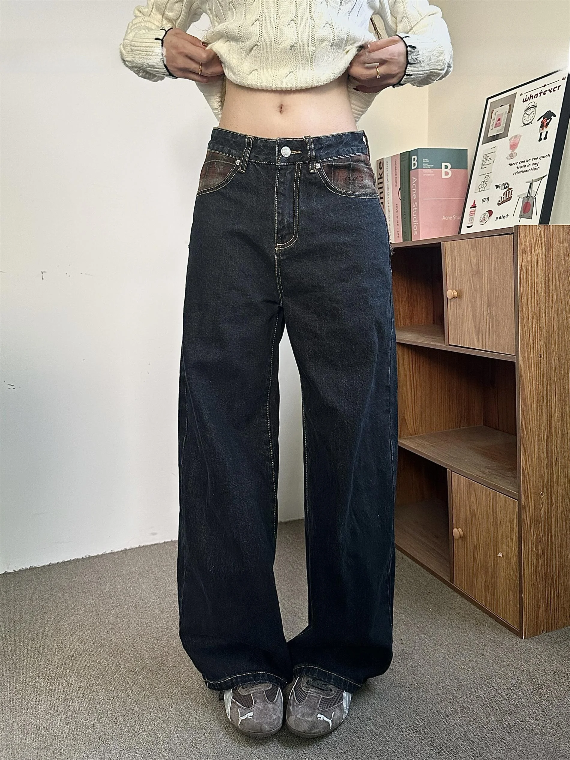 

Ретро американские сращенные клетчатые прямые брюки оригинального цвета, повседневные широкие утягивающие брюки длиной до пола для женщин