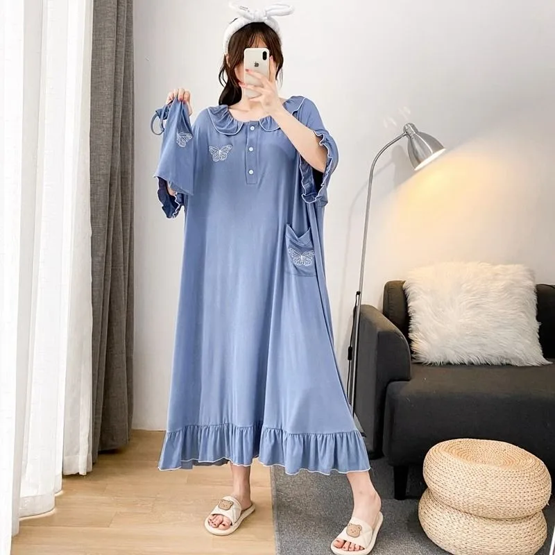 150kg Extra Large Size Loose Home Dress with Pocket Princess Style Maxi Nightdress Summer Short Sleeve Maternity Loungewear 4XL