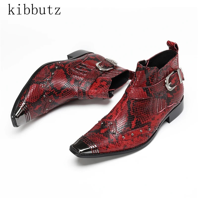 Men Fashion Short Ankle Boots Autumn New Metal Toe Rivets Buckle Decor Chelsea Boots Genuine Leather Dress Business Party Shoes