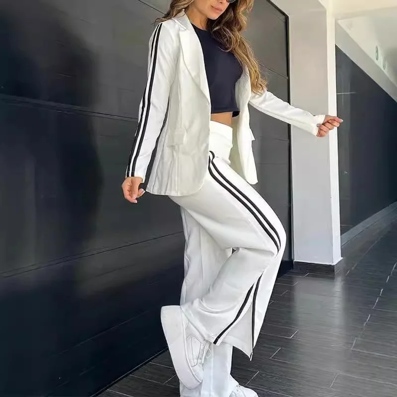 Elegante Office Lady Set Mode Revers Geen Gesp Blazer Gestreepte Zijsplit Rechte Broek Tweedelige Set 2024 Herfst Nieuw