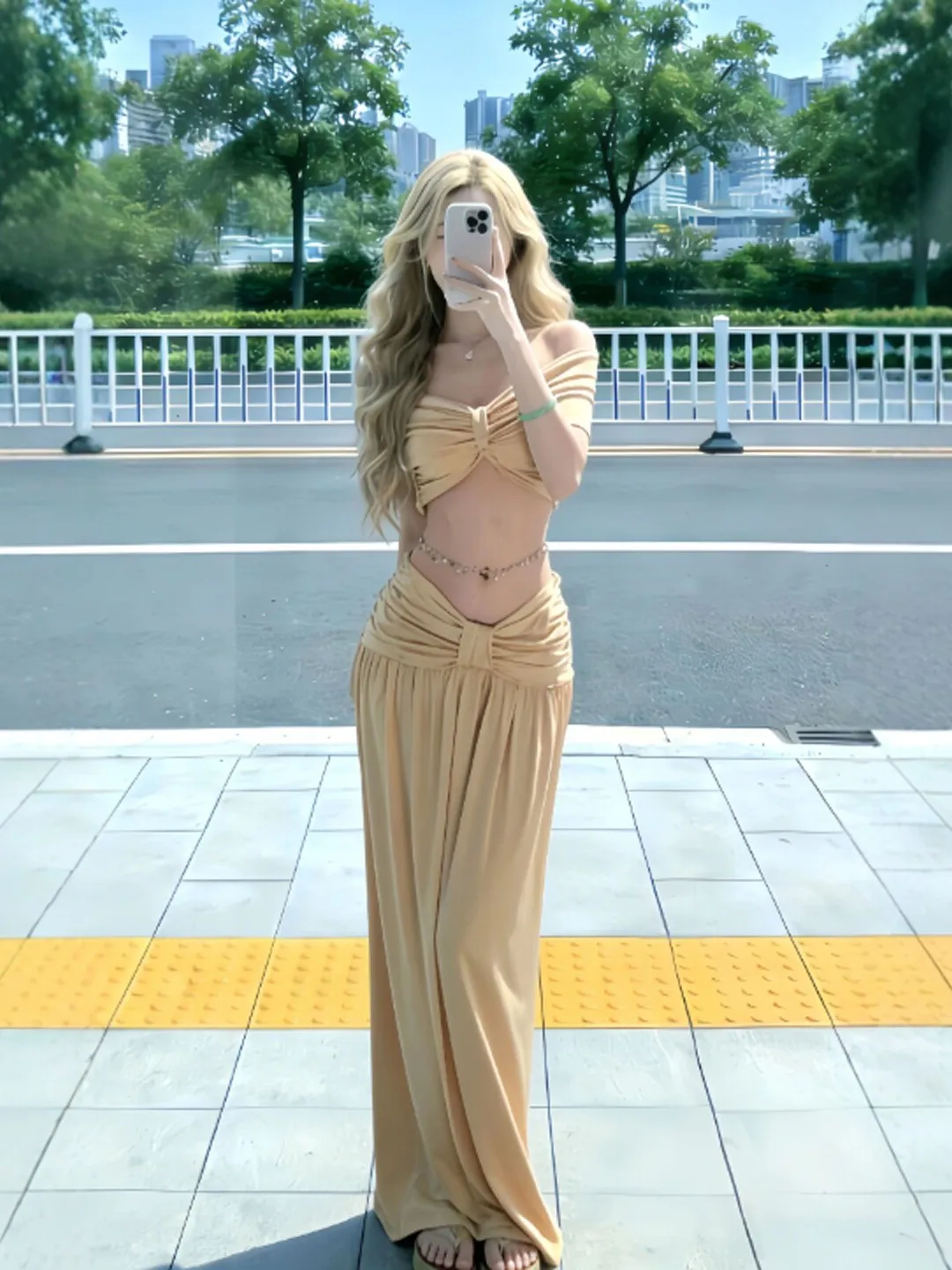 

Beach Vacation Style One Shoulder Top Half Skirt Two Piece Set Complete OOTD Summer 2026 Fashion Women's Comfortable Midi Dress