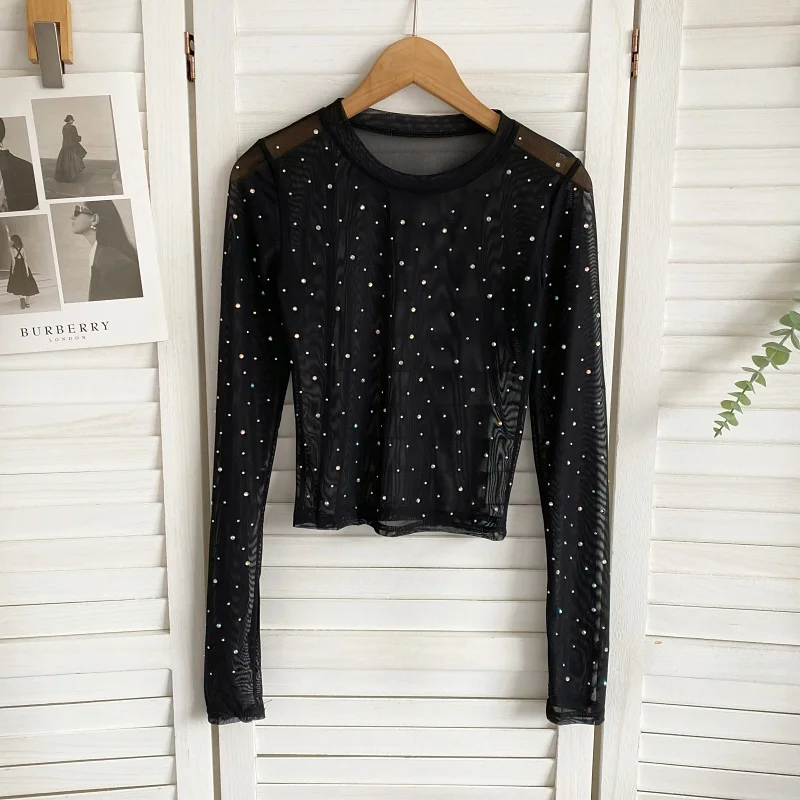 Sexy Long Sleeve T-Shirt Women's Mesh Inner Wear Nightclub Style Drill Decoration Spring Summer New Arrival Elegant Design