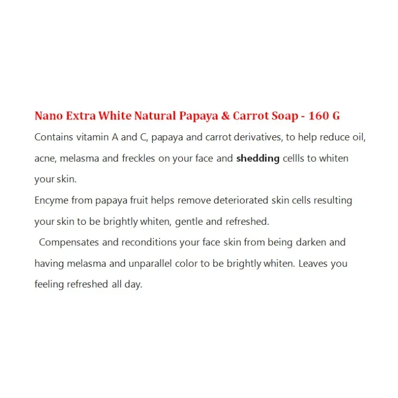 나노 엑스트라 화이트 내추럴 파파야 & 당근 비누 160g 클렌징 페이스 피부 정화 모공 브라이트닝 잡티 제거 프로 스킨 케어 제품